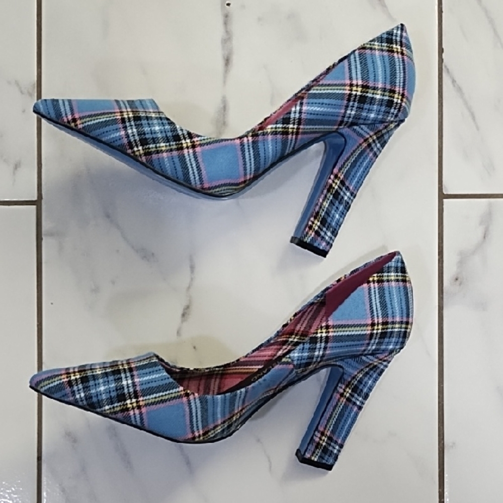 River Island Blue Plaid High Heels Size 8